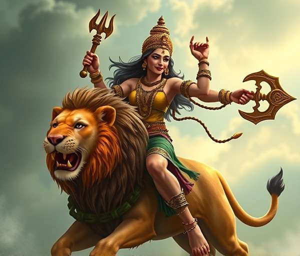 Goddess Durga - Fennel Epic Tales Goddess Durga character in Fennel Epic Tales riding a lion with multiple weapons